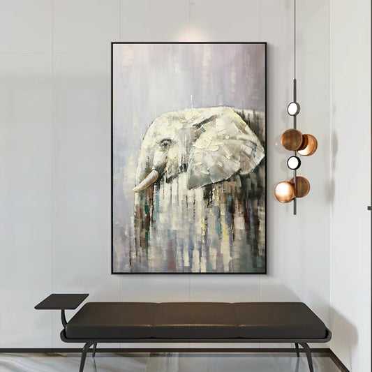 Hand Painted Oil Painting Elephant Black and White Gray Study Bedroom Painting Living Room Background Wall,31inx47in,No Frame