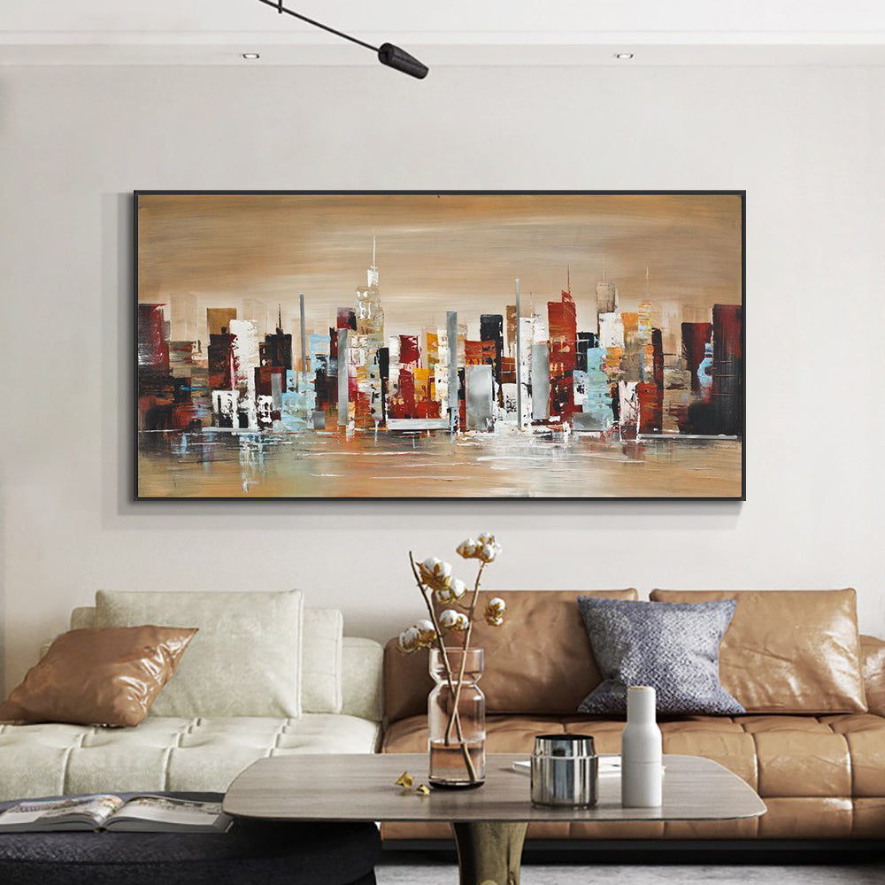 Abstract Large City Building Oil Painting On Canvas  Hand Painted Wall Art Pictures For Modern,27inx54in,No Frame