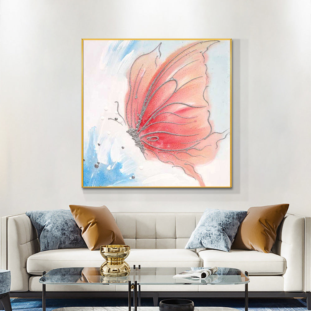 Hand Painted Pink Butterfly On Canvas Oil Painting Modern Paintings Wall Art For Living Room Kids,31inx31in,No Frame