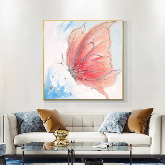 Hand Painted Pink Butterfly On Canvas Oil Painting Modern Paintings Wall Art For Living Room Kids,31inx31in,No Frame