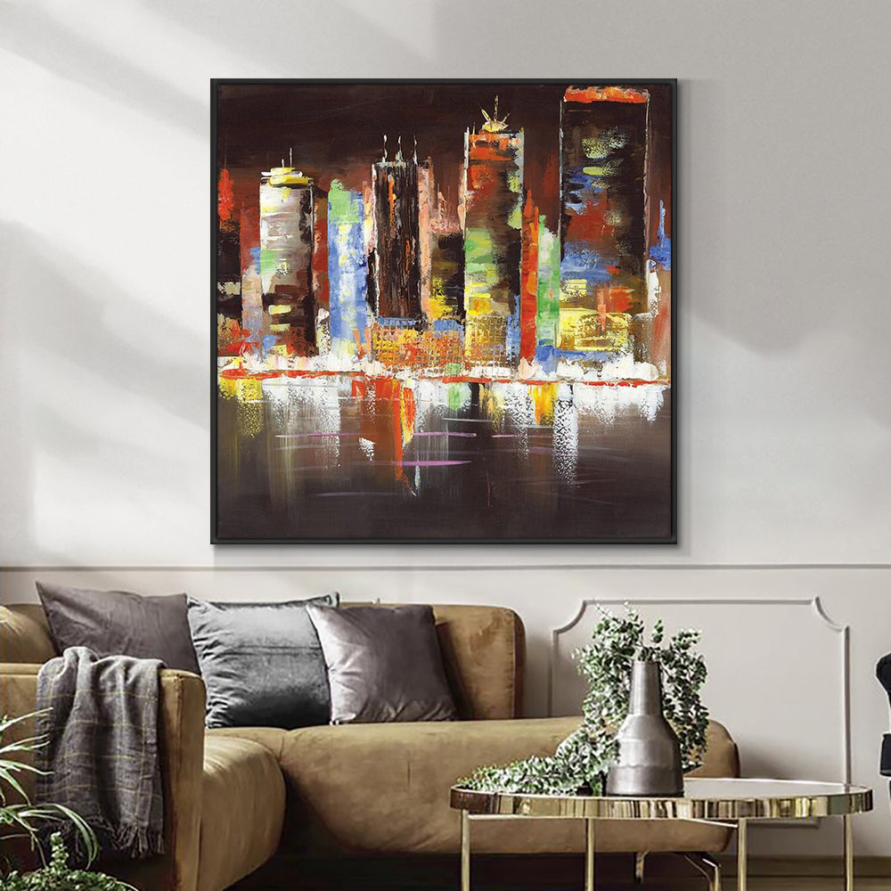 Abstract Colorful City Building Oil Painting Modern Landscape Wall Art  Handmade Decorative Canvas Painting,31inx31in,No Frame