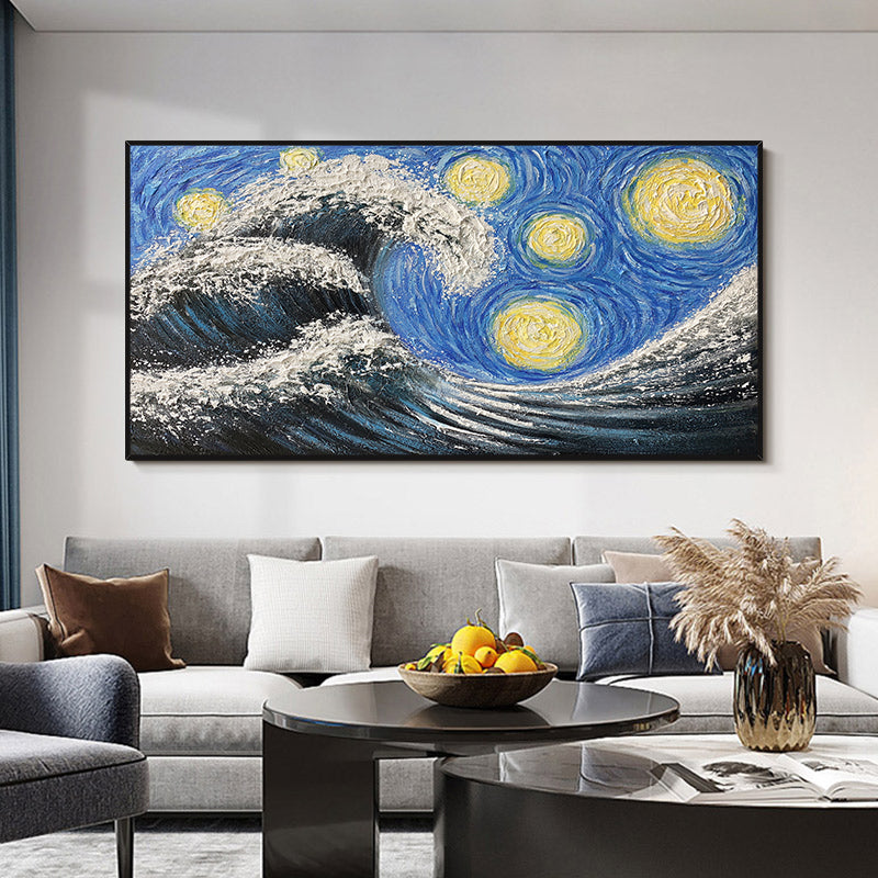 Heavy Thick Oil Canvas Sea Wave Oil Painting Hotel Decorative Canvas 3D Picture Pure Handmade Abstract,27inx54in,No Frame