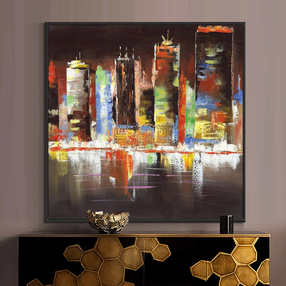 Abstract Colorful City Building Oil Painting Modern Landscape Wall Art  Handmade Decorative Canvas Painting,31inx31in,No Frame