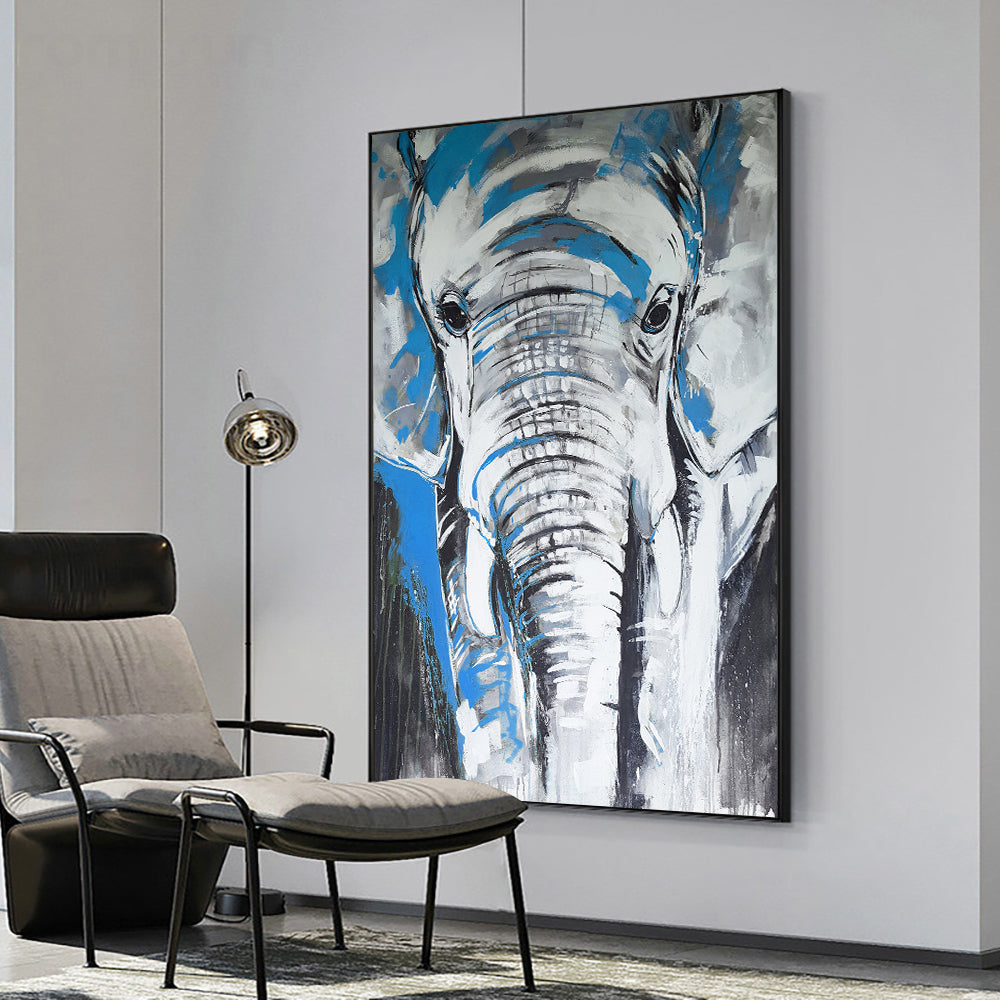 Abstract Grey With Blue Elephant Oil Painting On Canvas  Hand Painted Animal Canvas Wall Art  Living Room,31inx47in,No Frame