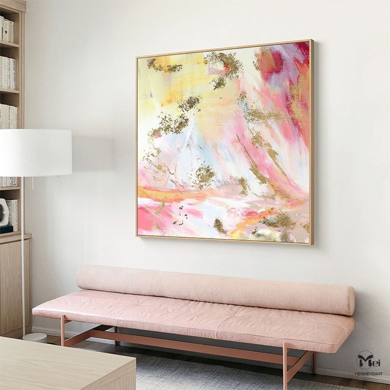 Large Pink Abstract Painting Pink Textured Painting Colorful Wall Paintings Gold Leaf Painting Blush Pink Wall Art Home Decor31in,No Frame