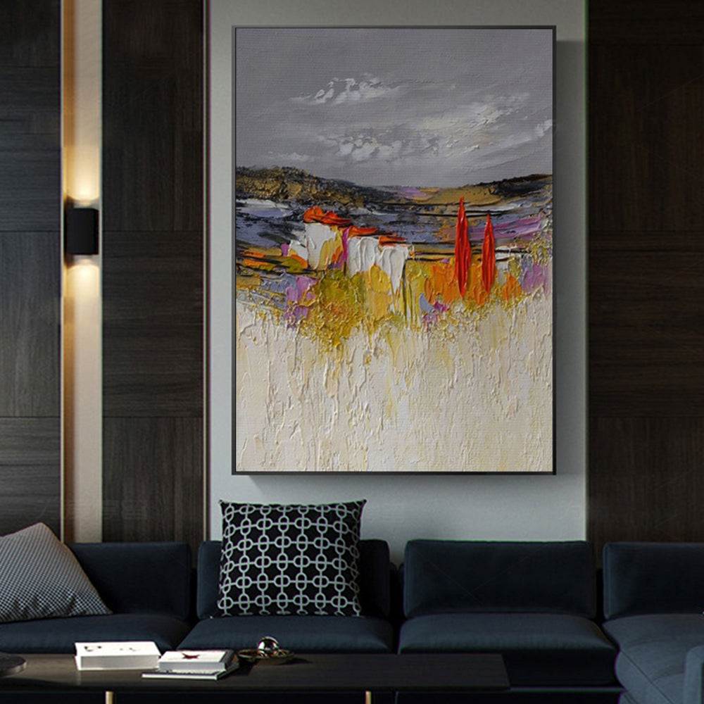Gray yellow Oil Painting On Canvas Handmade Abstract Landscape Thick Oil Wall Art Hand Painted Large,31inx47in,No Frame