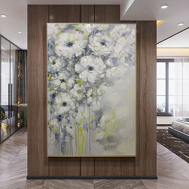 Handmade White Flower Wall Art Oil Painting Canvas Hand Painted Thick Texture Oil Painting Home Living For Living Room,31inx47in,No Frame