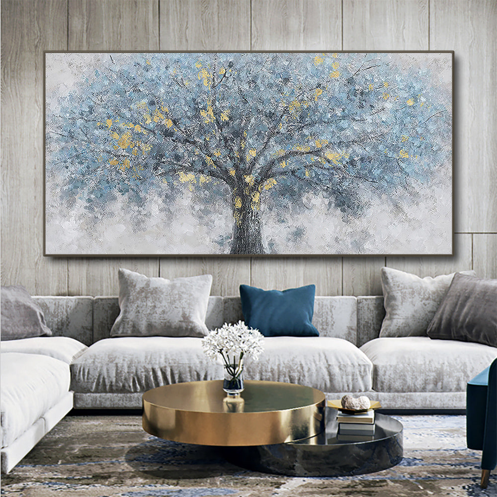 Hand Painted Abstract Landscape Oil Painting On Canvas Modern Grey Blue Tree of life Wall Art,27inx54in,No Frame