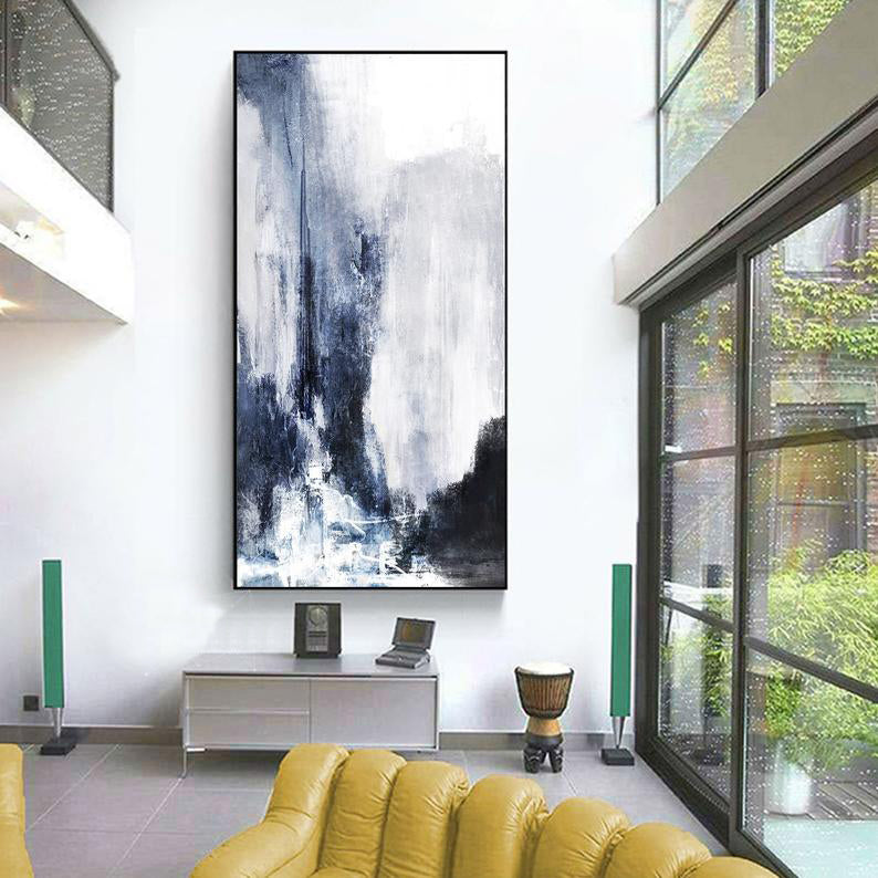 Original Abstract Painting Blue White Modern Abstract Painting Canvas Painting Office Wall Art Abstract Textured Art Room Decor27inx54in,No Frame