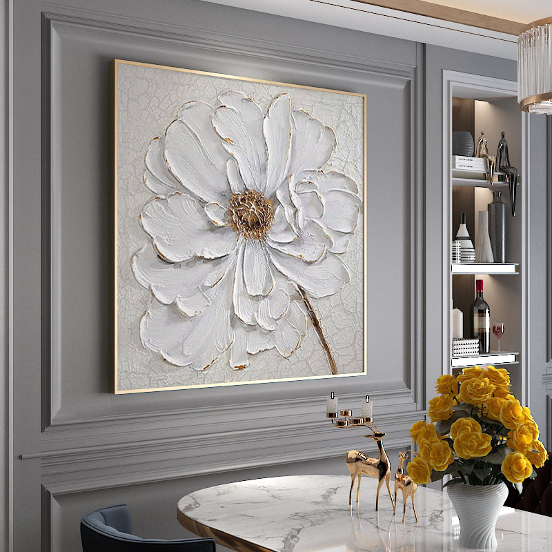 Hand Painted Modern Abstract White Flower Oil Painting On Canvas Wall Art Picture For Living room,31inx31in,No Frame