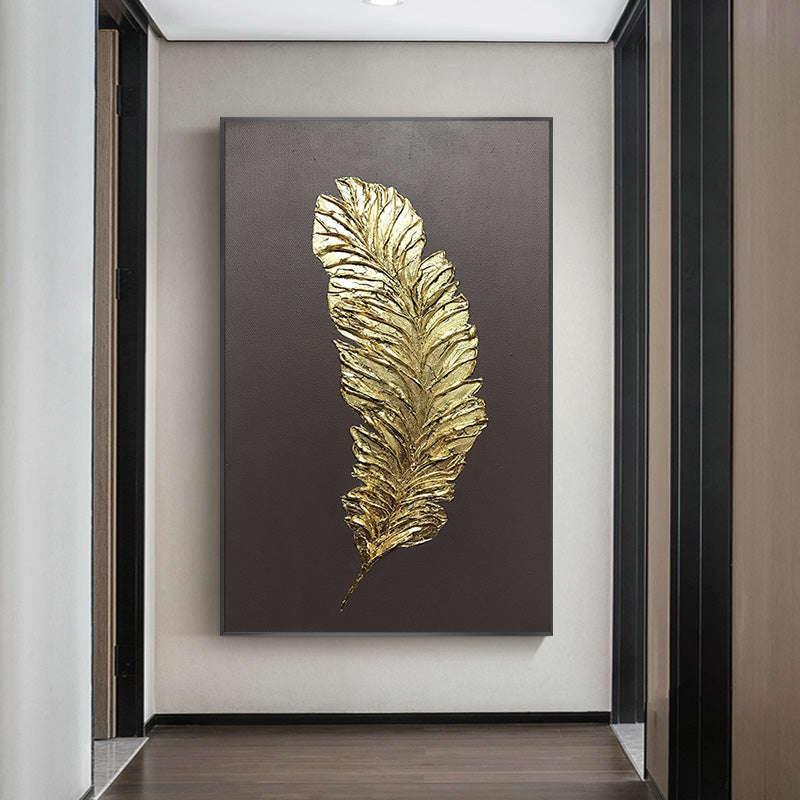 Gold Feathers hand-painted Oil Painting Decorative Porch Light Luxury Vertical Version Of Modern Scandinavian Corridor Aisle Bac27inx54in,No Frame