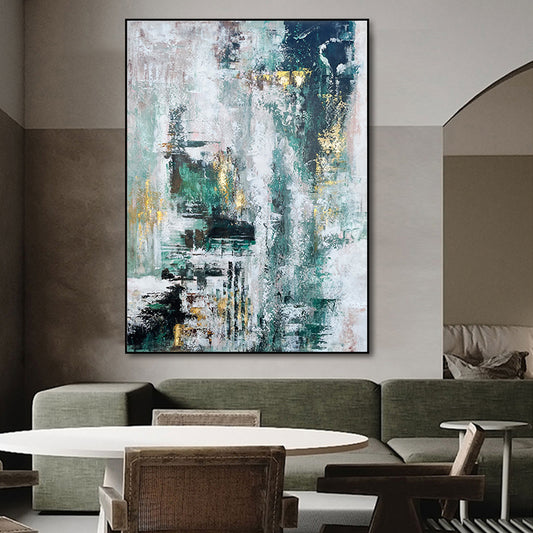 Pure Hand painted Oil Painting Dark Green Gold Foil Modern Minimalist Decorative Painting Living Room Bedroom,31inx47in,No Frame