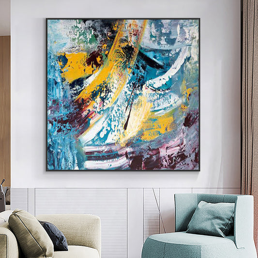Hand Painted Blue Mixed Yellow Oil Painting On Canvas Modern Abstract Multicolor Wall Art Paintings,31inx31in,No Frame