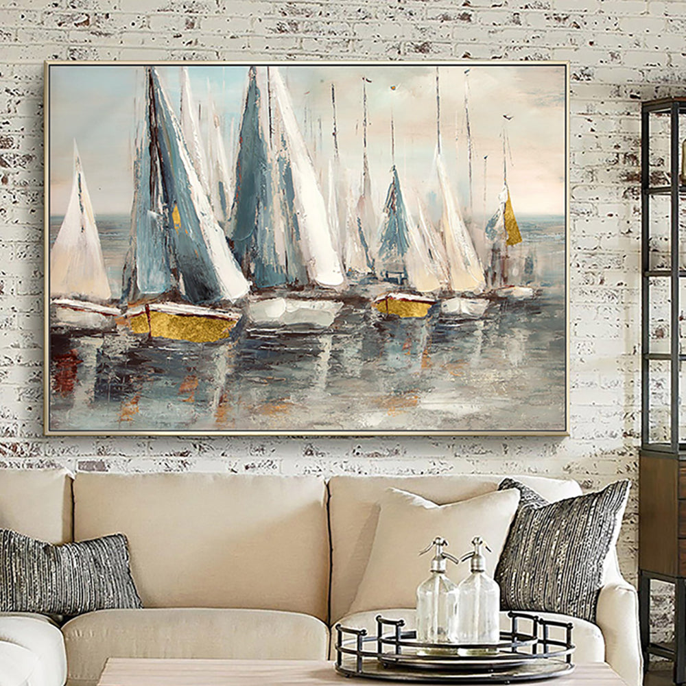 #900Artwork Hand Painted Abstract Sailing Boat Oil Painting On Canvas Wall Art Picture Decoration,31inx47in,No Frame