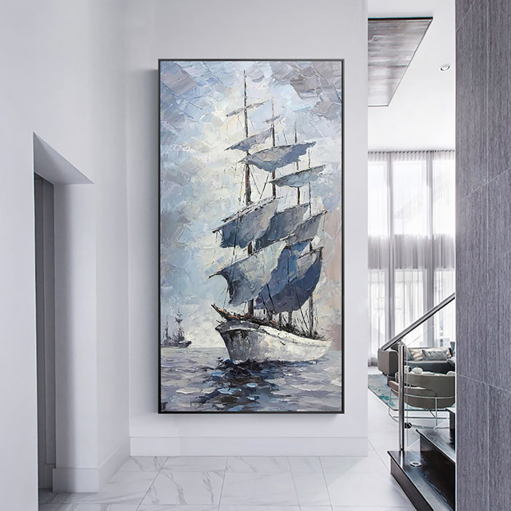 Hand Painted Abstract Sailboat Oil Painting On Canvas Handmade Thick Oil Knife Paintings Picture,27inx54in,No Frame