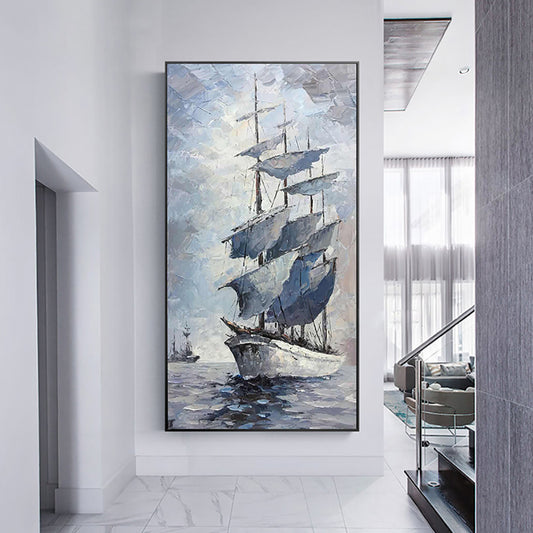 Hand Painted Abstract Sailboat Oil Painting On Canvas Handmade Thick Oil Knife Paintings Picture,27inx54in,No Frame