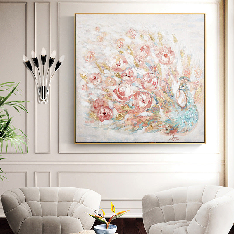 Hand Painted Oil Painting Large Flowers Peacock Open Screen Home Square Hanging Painting Modern Wall Art