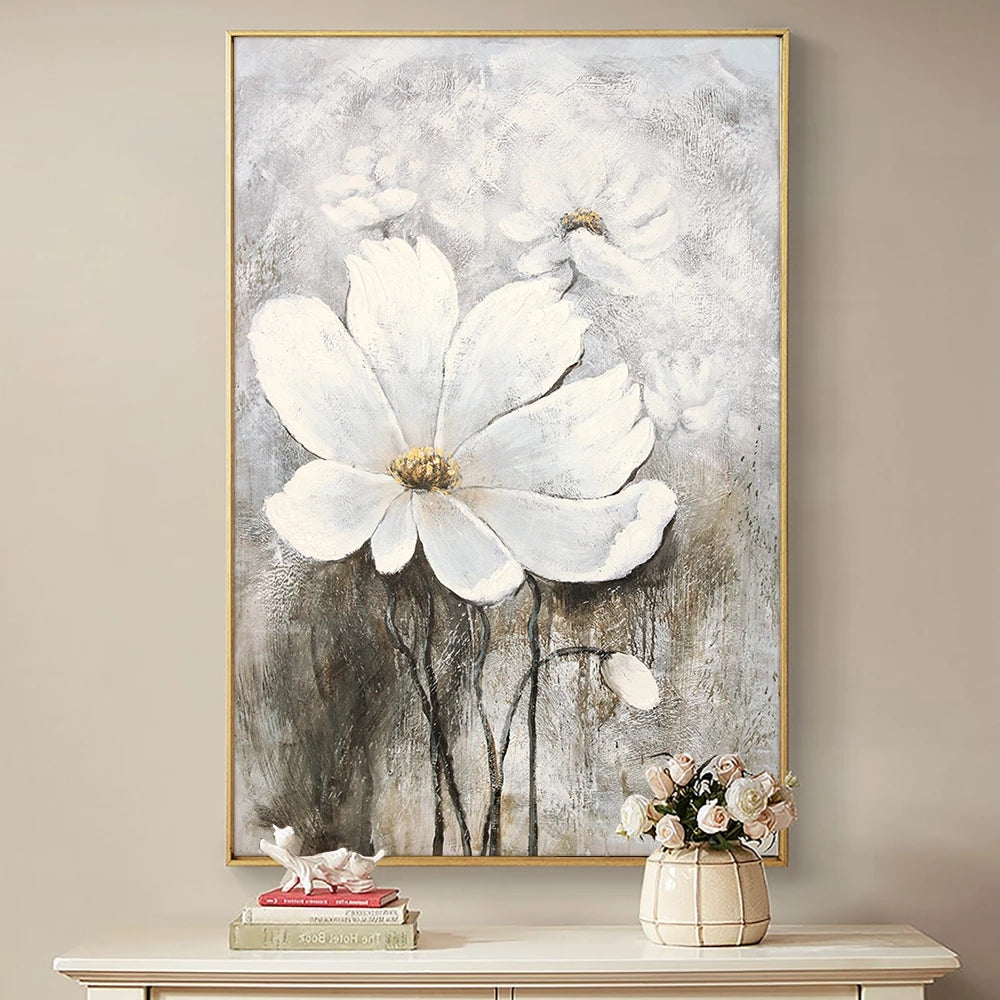 Handmade White Abstract Flower Oil Painting Texture On Canvas Living Room Restaurant Home Decor Wall Art,31inx47in,No Frame