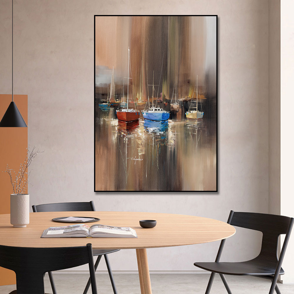 Handpainted Abstract Sail Boats Oil Painting On Canvas Handmade Beautiful Abstract Brown Landscape Oil Paintings For