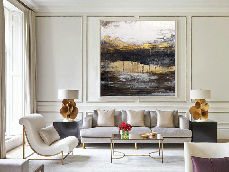 Handmade Painting Cancas Large Geometric Art Horizontal Painting Wall Art Canvas Painting Modern Art Black White Minimalist Art31in,No Frame