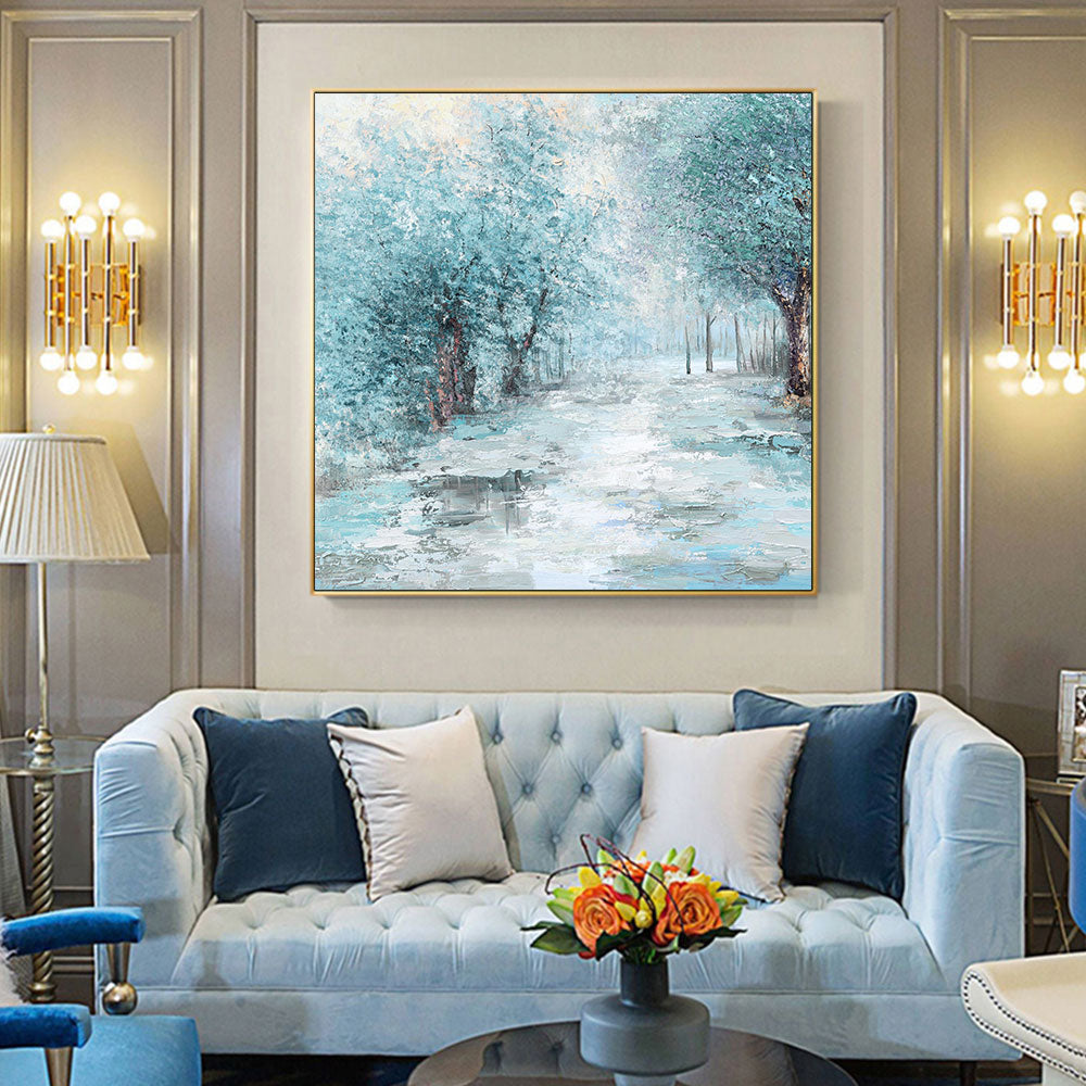 #220 Handpainted by Artist Canvas Painting Wall Art Blue Snow Tree Abstract Landsacpe Oil Painting For