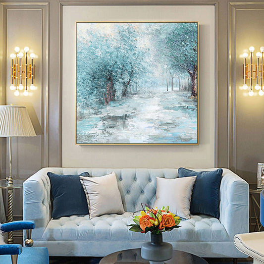 #220 Handpainted by Artist Canvas Painting Wall Art Blue Snow Tree Abstract Landsacpe Oil Painting For
