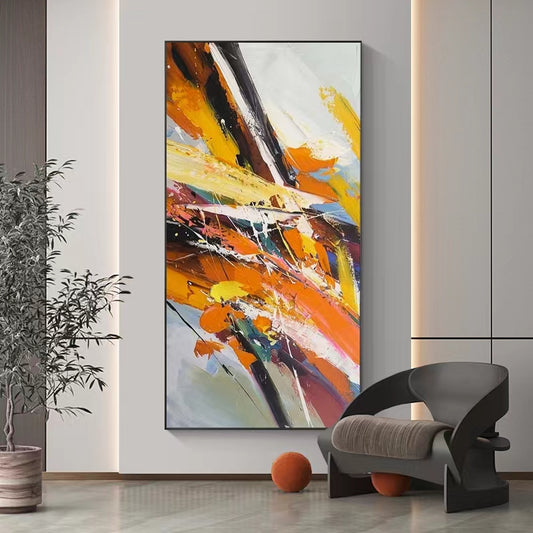 Pure Hand painted Oil Painting Orange Modern Abstract Corridor Decoration Painting Living Room Vertical Version Hanging,27inx54in,No Frame