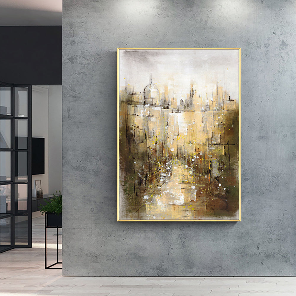 Abstract City Building Painting Picture  Handpainted Oil Painting On Canvas Handmade Wedding Decoration For Living Room,31inx47in,No Frame
