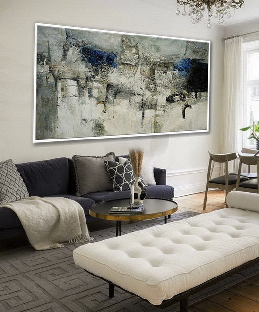 Extra Large Panoramic Modern Abstract Wall Art Hand Painted Black And White Contemporary Thick Oil Painting On Canvas27inx54in,No Frame