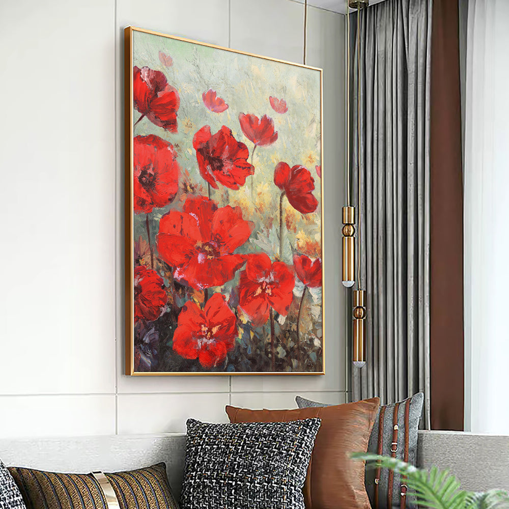 Hand Painted Abstract Red Flowers Oil Painting Modern Plant Canvas Painting Wall Art Picture  For Living Room,31inx47in,No Frame