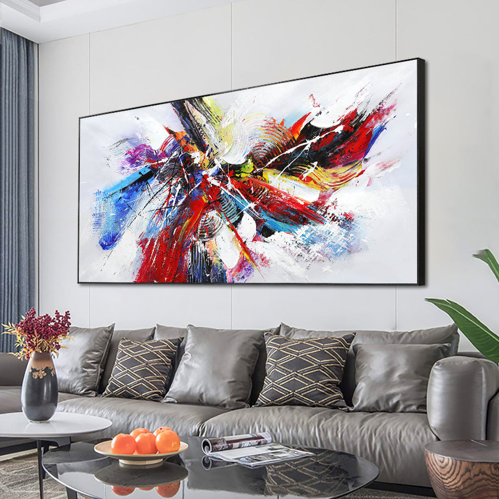 Abstract Textured Blue Red Oil Painting  Hand Painted On Canvas Modern Nordic Handmade Wall Art,27inx54in,No Frame