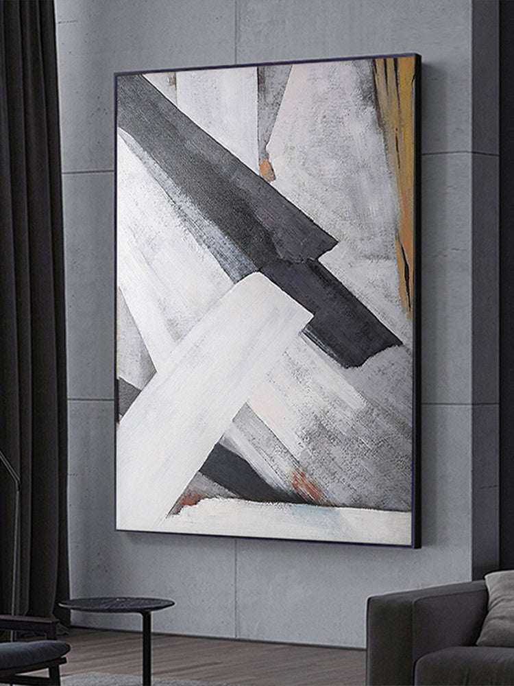 Handmade Gray Abstract Oil Painting Geometry Wall Art On Canvas Hanging Mural Living Room Sofa Picture,31inx47in,No Frame