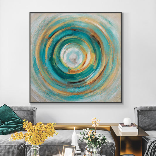 Hand Painted Abstract Green With Blue Colorful Circle Oil Painting Decorative Wall Art Pictures,31inx31in,No Frame