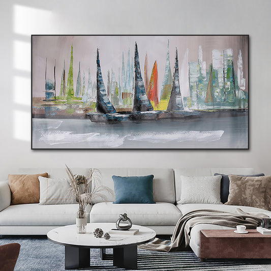 Textured Colorful Sailboat Oil Painting  Hand Painted On Canvas Modern Nordic Handmade Acrylic Wall Art,27inx54in,No Frame