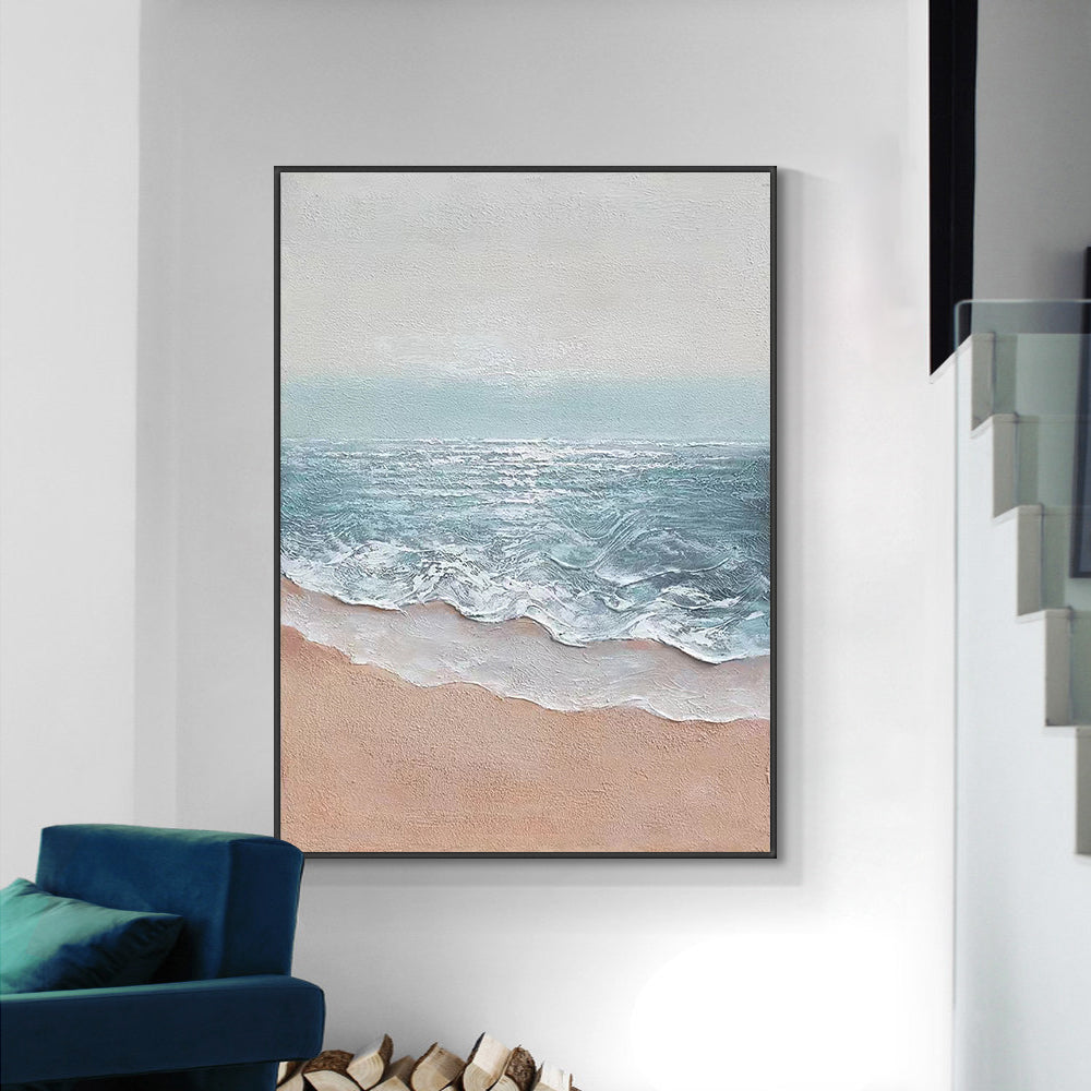 Hand painted Oil Painting Nordic Canvas Wall Art Handmade Beach Seascape Abstract Heavy Oil Painting Wall Art For Home Living Room,31inx47in,No Frame