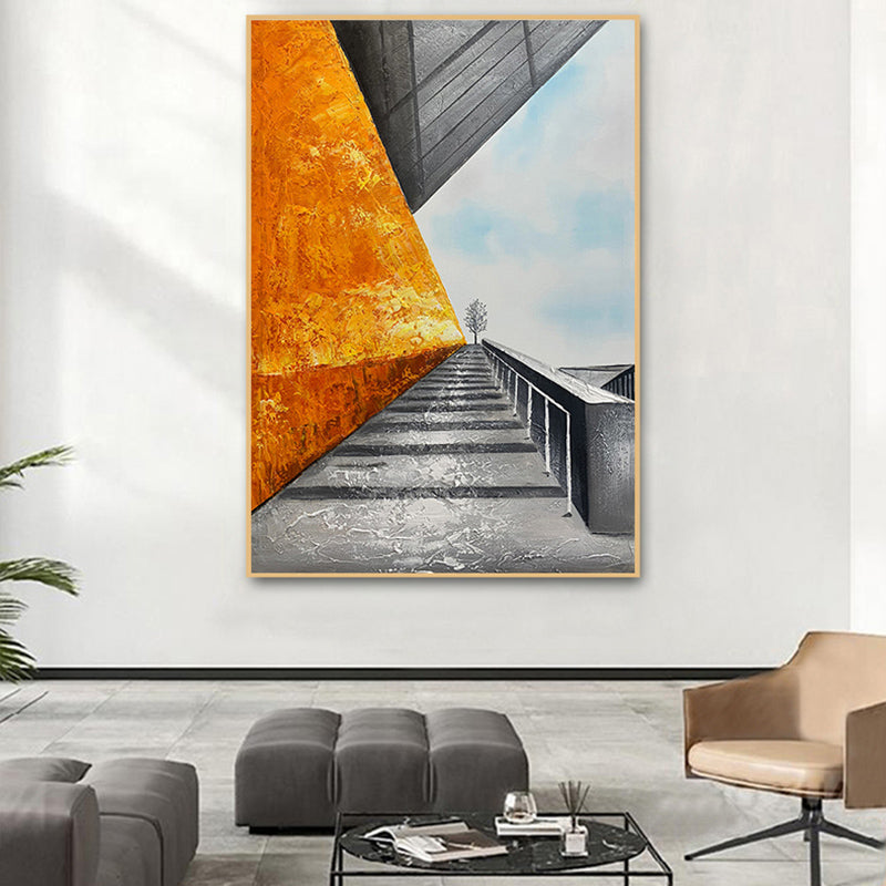 #770Hand Painted Oil Painting Space Abstract Black and White Orange Decorative Painting LivingRoom Background Wall Hanging,31inx47in,No Frame