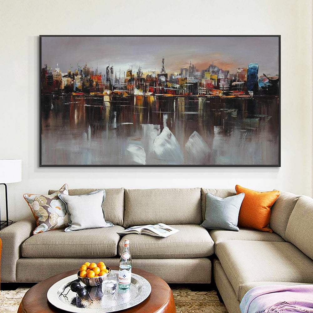 Abstract Large City Building At Night  Hand Painted Oil Painting On Canvas Decorative Landscape Wall,27inx54in,No Frame