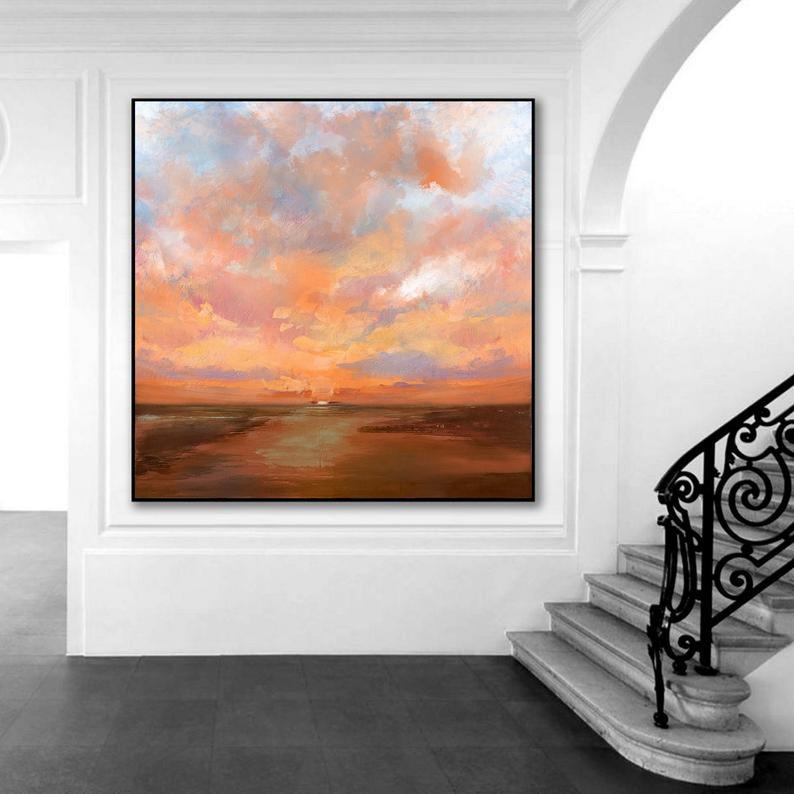 Large Sky Abstract Art Painting On Canvas Brown Painting Orange Painting Sunset Landscape Painting Sea Wall Art Office Decor31in,No Frame
