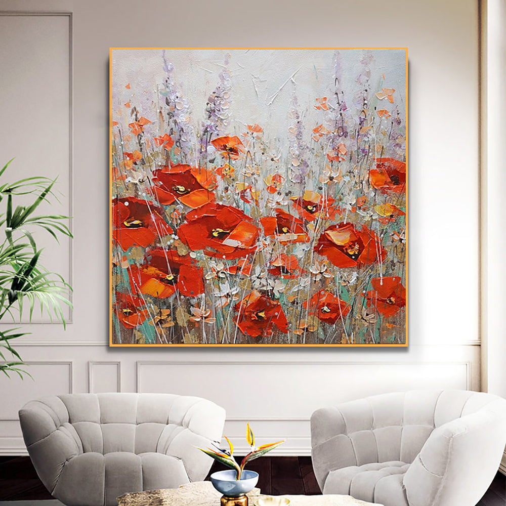 Handmade Nordic Red Flower Oil Painting On Canvas For Living Room Bedroom   Wall Art,31inx31in,No Frame