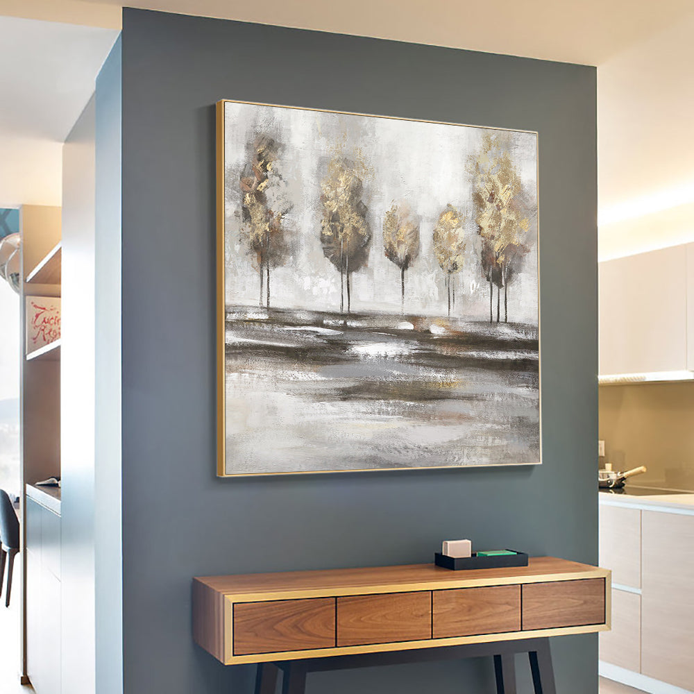 Abstract Brown Trees With Gold Foils Oil Painting  Handpainted Textured Modern Plant Wall Art Canvas,31inx31in,No Frame