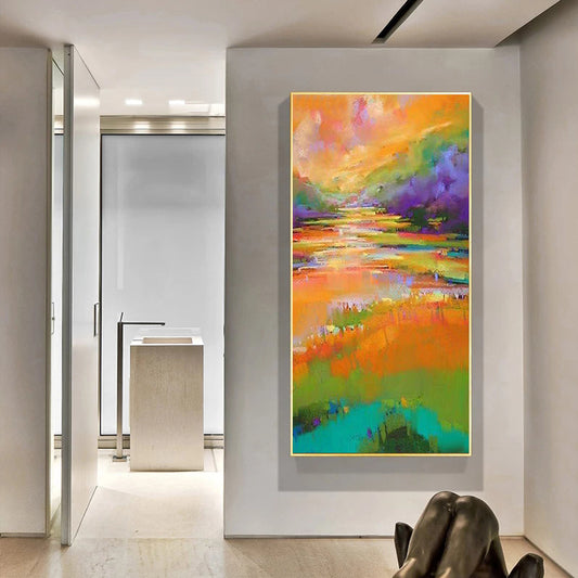 #280Orange Hand painted Oil Painting Blue Modern Abstract Living Room Bedroom Porch Mural Large Oil Painting,27inx54in,No Frame