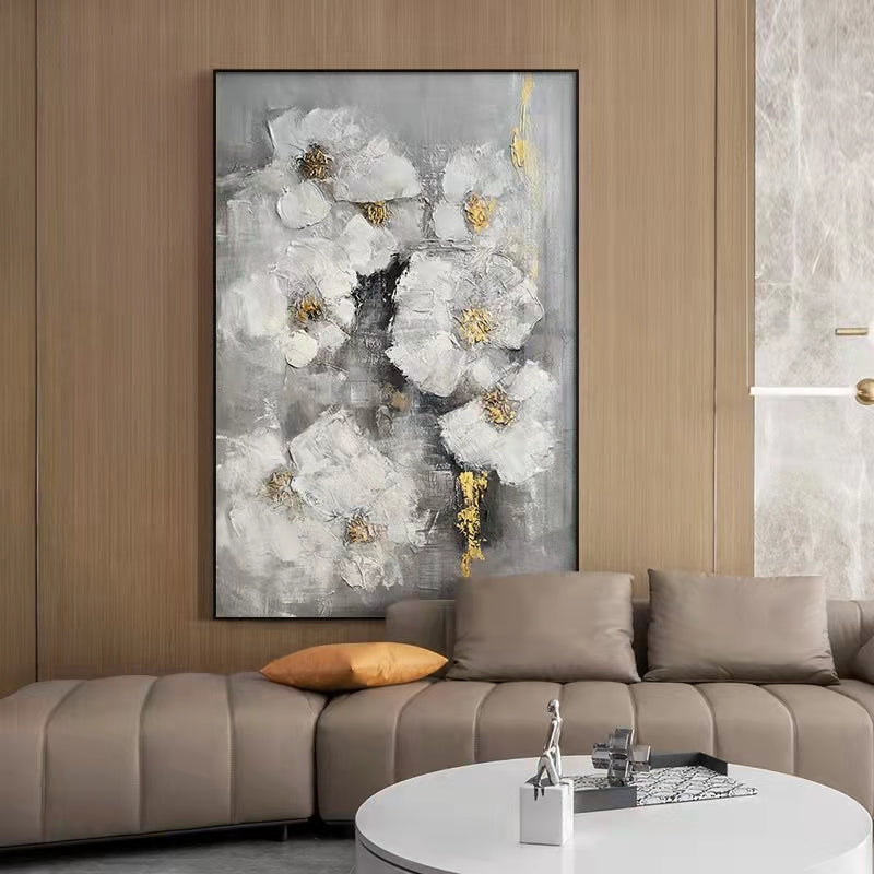 White Flowers on Canvas Abstract Oil Painting Poster Hand Painted Canvas Painting Living Room Decor Wall,31inx47in,No Frame