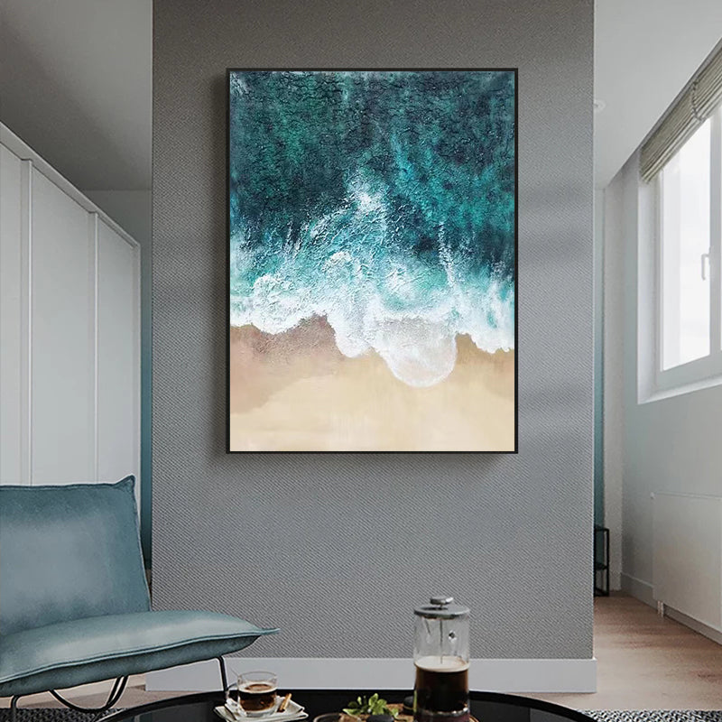 Nordic Living Room Decorative Painting Blue Ocean Waves Hand painted Oil Painting Sofa Bedroom Background Wall,31inx47in,No Frame