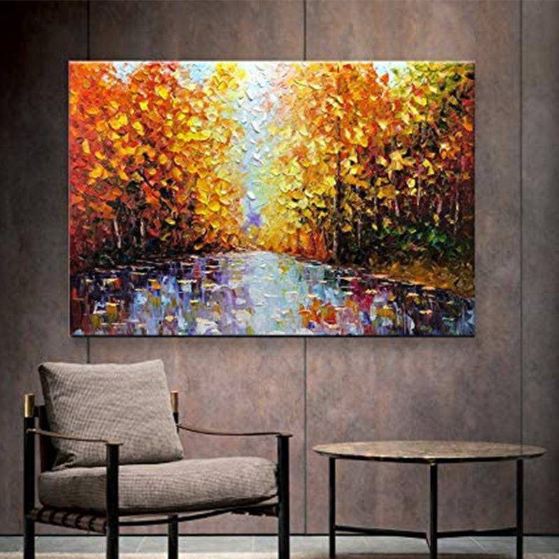 Oil Painting Handmade Landscape Maple Leaf Forest Scenic 3D Hand Painted On Canvas Abstract Wall Decoration,31inx47in,No Frame