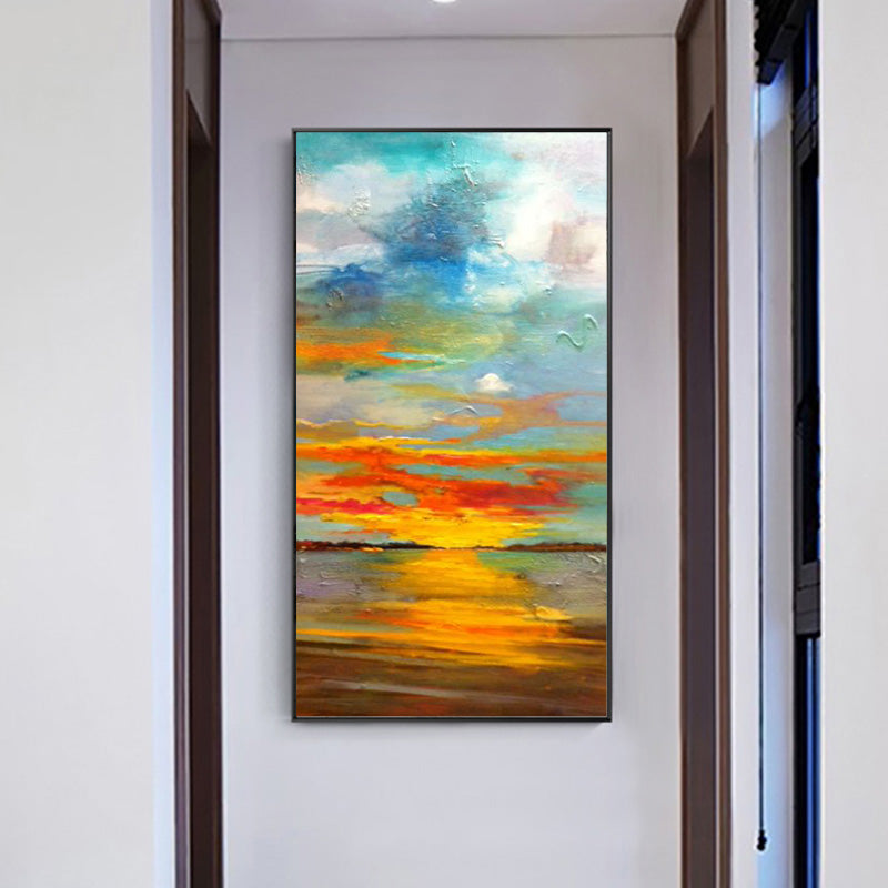Modern Abstract Sunrise Landscape Plan Entrance Hallway Corridor Decorative Painting hand-painted Oil Paintings Minimalist Wall27inx54in,No Frame