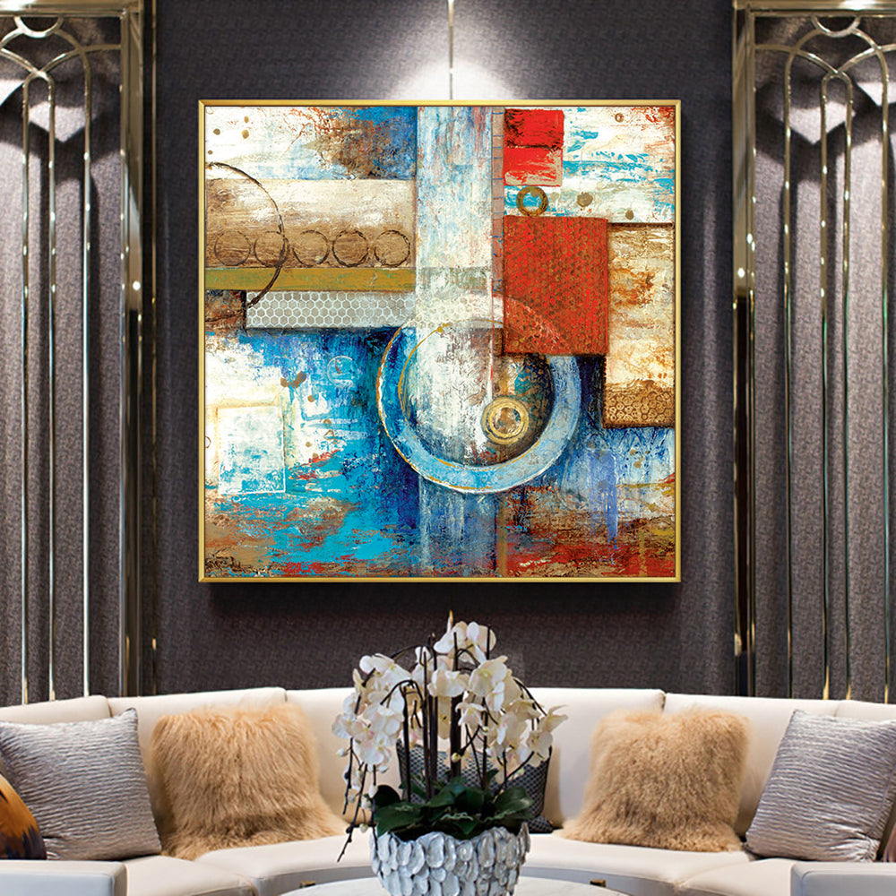 Abstract  Hand Painted Oil Painting On Canvas Geometric Wall Art Paintings Vintage Minimalist Poster Art,31inx31in,No Frame