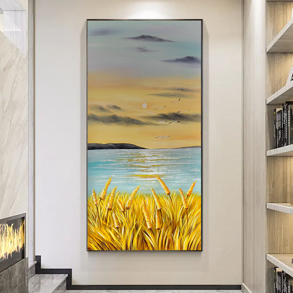 Hand Painted Sea Scenery Oil Painting Handmade Mountain Landscape Canvas Paintings Modern Artist Home Decoration,27inx54in,No Frame