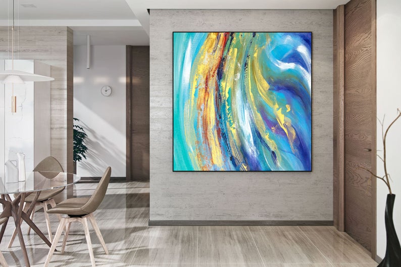 Extra Large Wall Art Blue Gold Abstract Painting On Canvas Contemporary Art Original Oversize Wall Painting Home Decor,31inx31in,No Frame