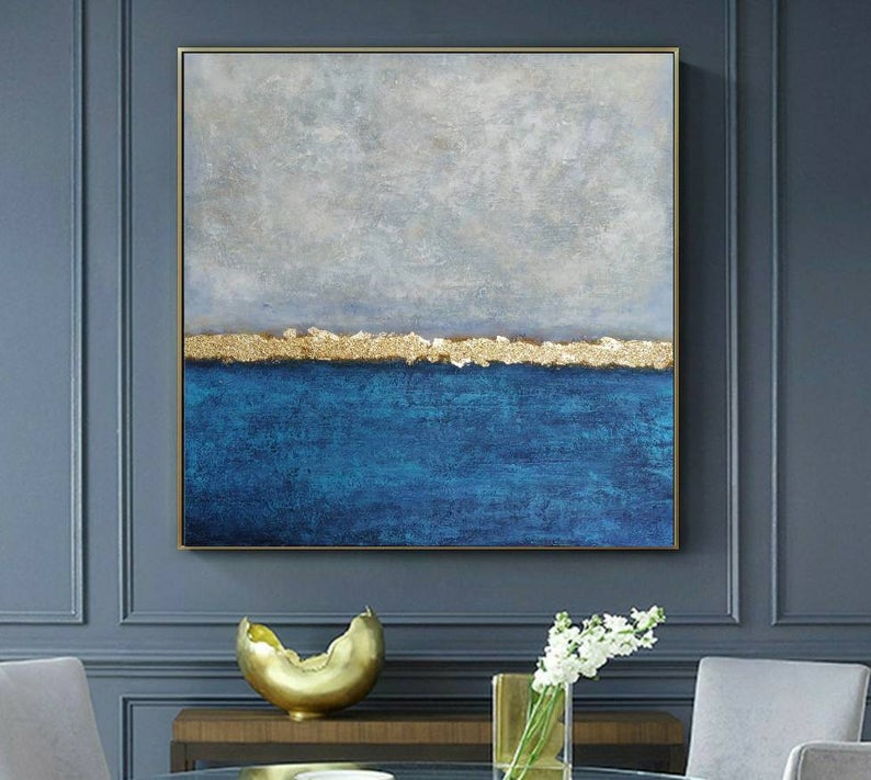 LargeOceanPaintingBlueAndGrayPaintingAbstractLandscapePaintingSeaPaintingOnCanvasGoldLeaf  31in,No Frame