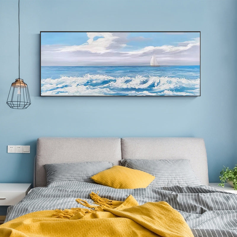 Modern Hand painted Living Room Oil Painting Horizontal Version of the Wave Sofa Background Decorative Painting,27inx54in,No Frame